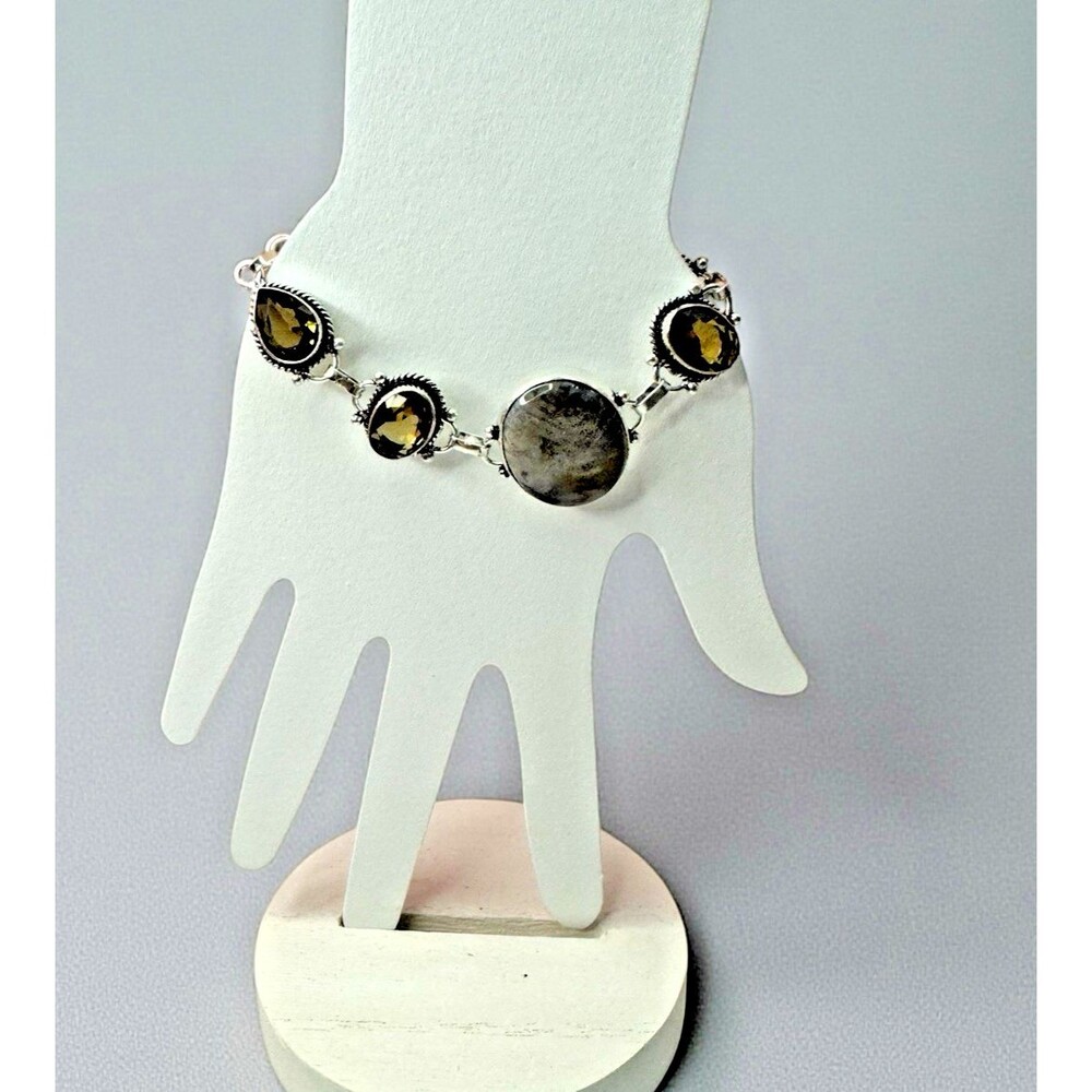 New 925 Silver Agate & Citrine-Tone Gemstone Bracelet – Fits Up to Size 7